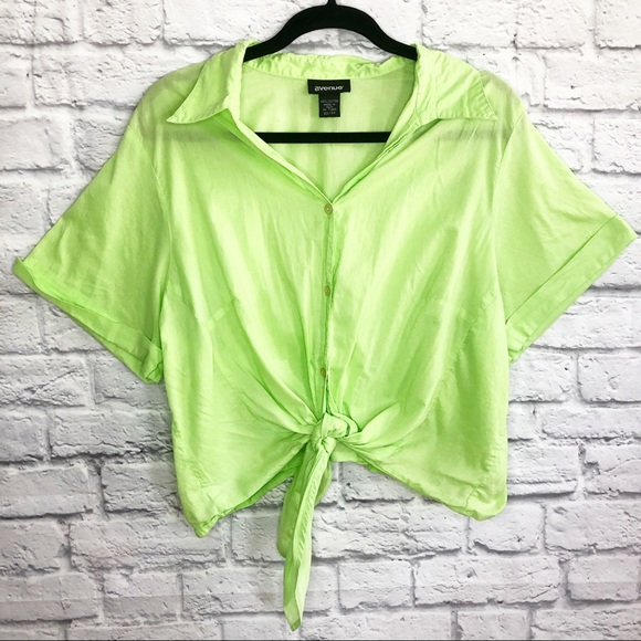 Avenue Lime Button Down Front Tie Crop Top - Picture 1 of 7